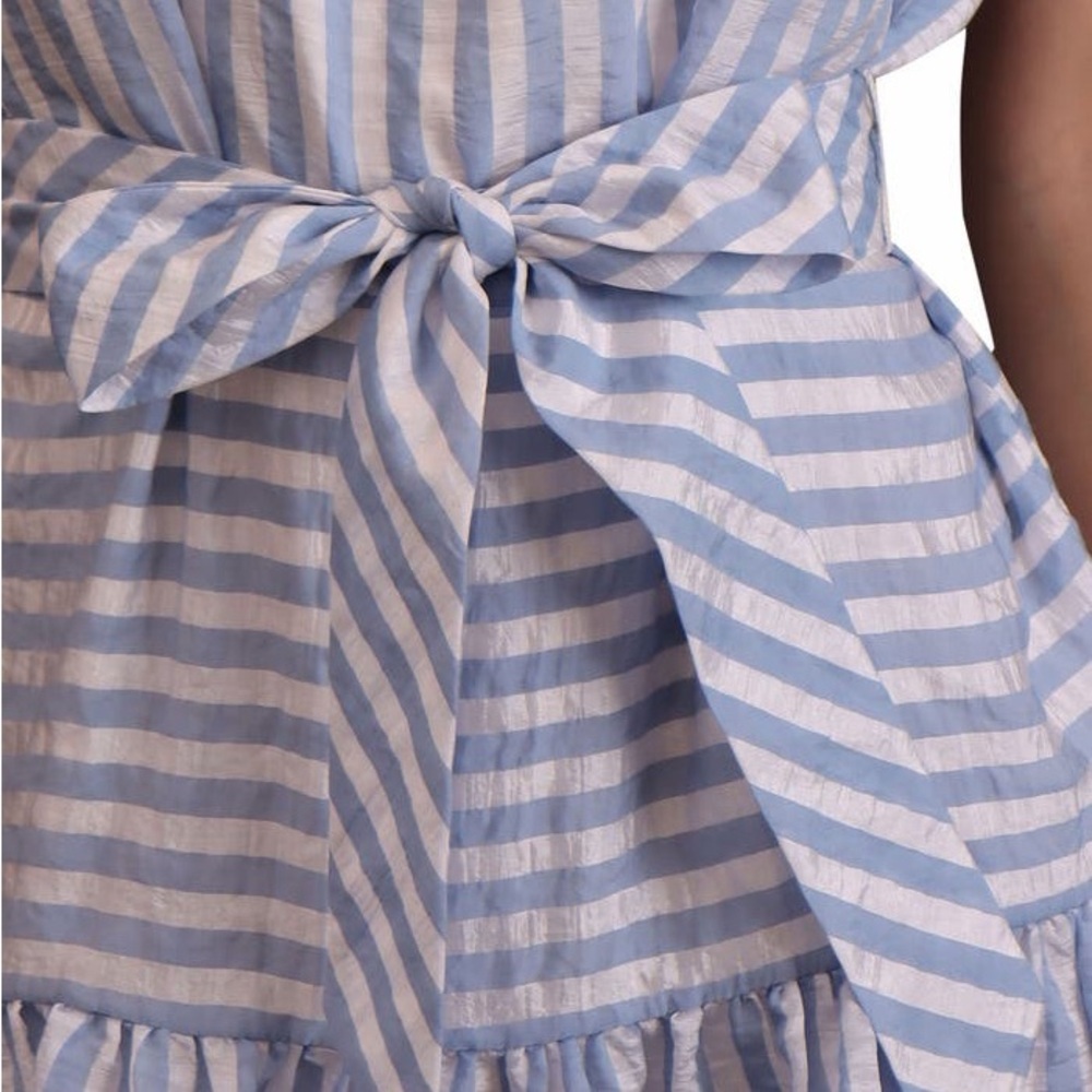 NWT Avec Les Filles Blue & White Striped High-Neck Ruffle Hem Mini Dress Size 12 - Picture 3 of 8